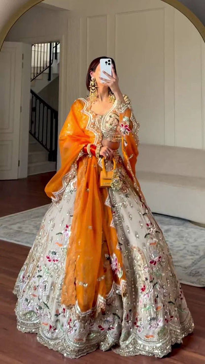 Premium French Crepe Silk Lehenga Set – Multicolour Thread Embroidery
