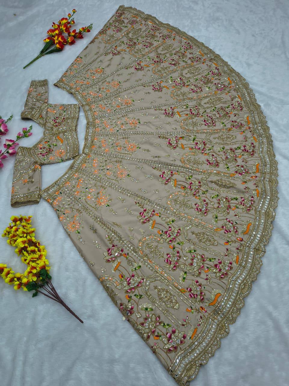 Premium French Crepe Silk Lehenga Set – Multicolour Thread Embroidery
