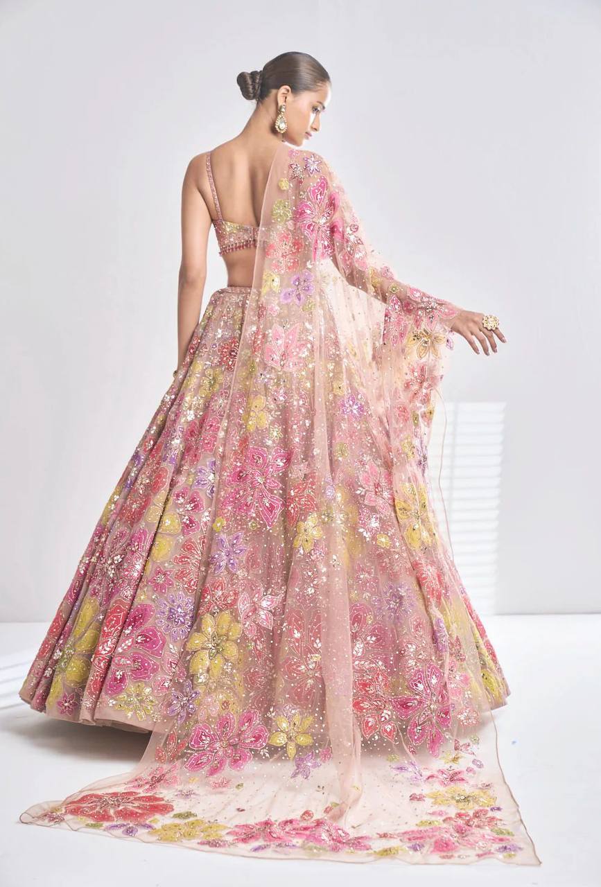 Premium Faux Georgette Carnival Lehenga Set – Multicolour Thread Embroidery
