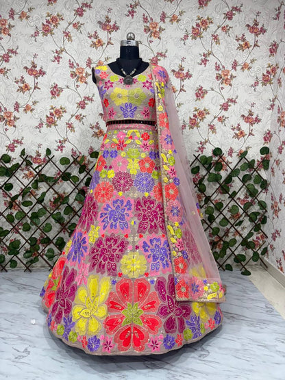 Premium Faux Georgette Carnival Lehenga Set – Multicolour Thread Embroidery