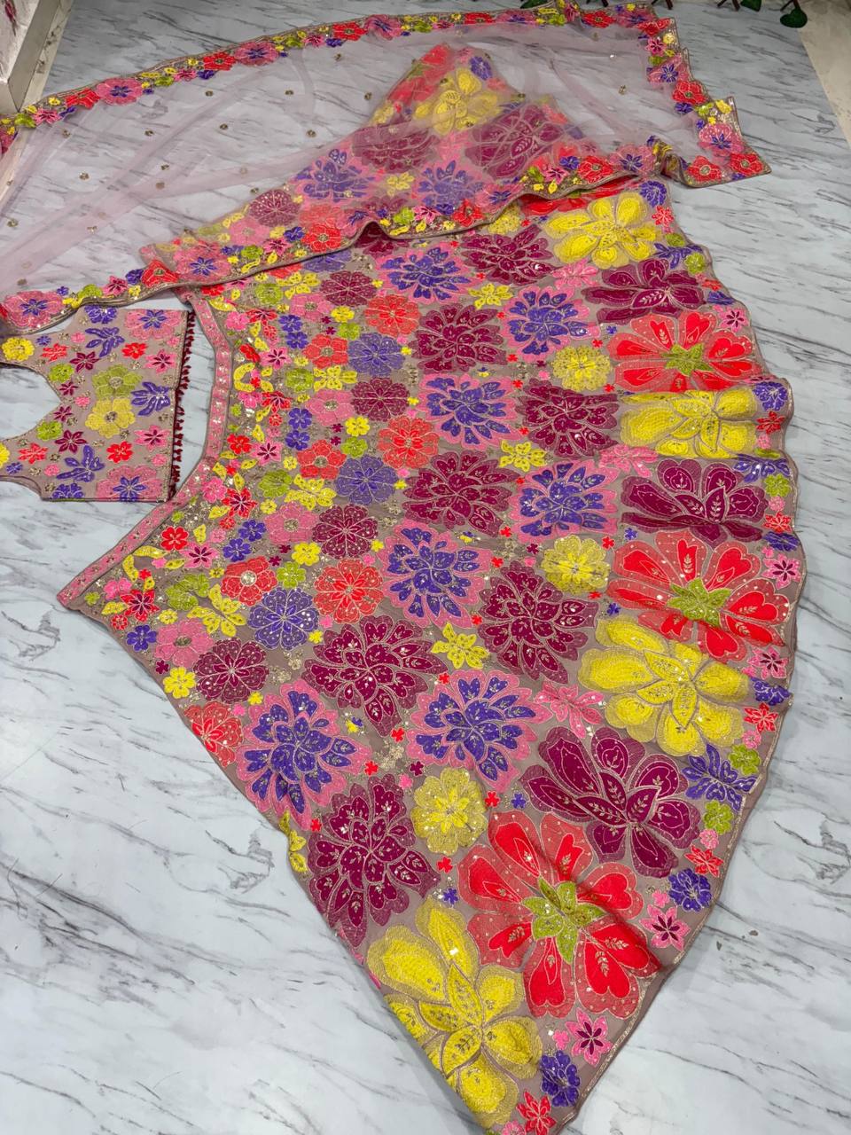 Premium Faux Georgette Carnival Lehenga Set – Multicolour Thread Embroidery