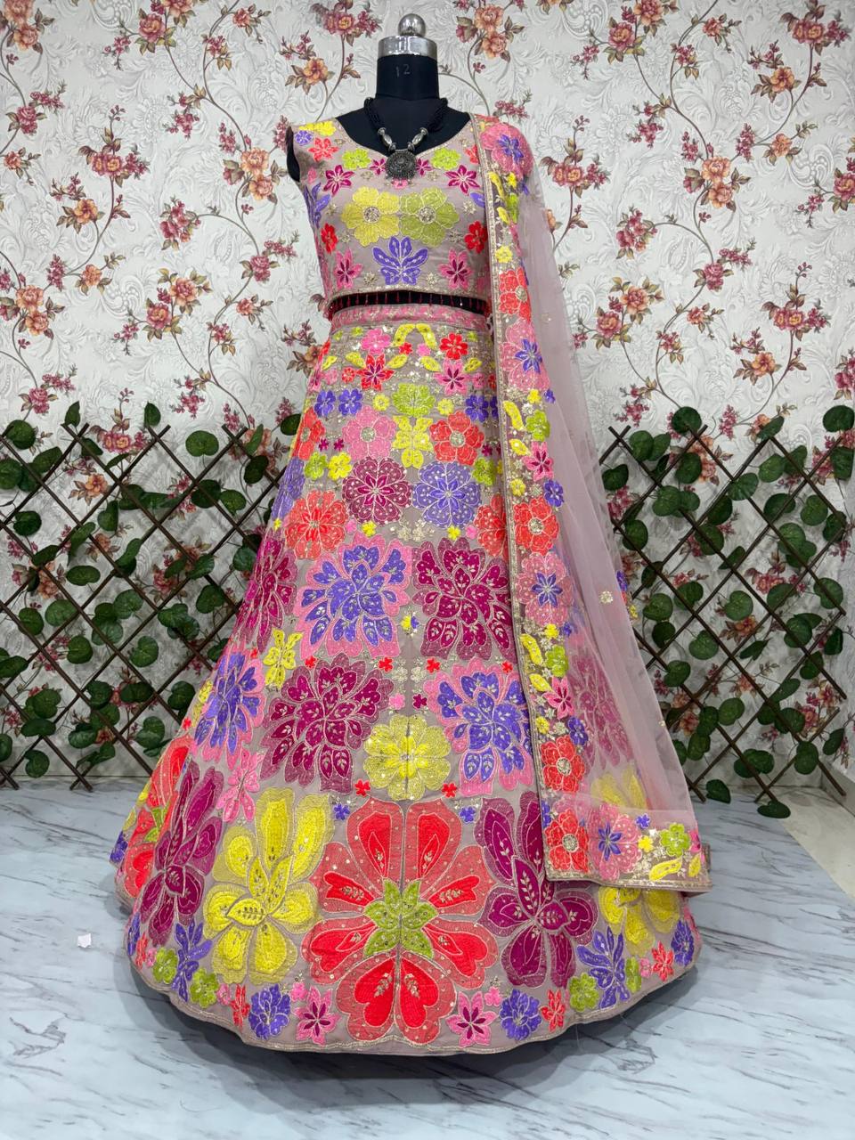 Premium Faux Georgette Carnival Lehenga Set – Multicolour Thread Embroidery