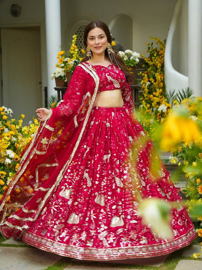 Premium Faux Georgette Lehenga Set – Peacock Design Embroidery, Jari & Sequins Work