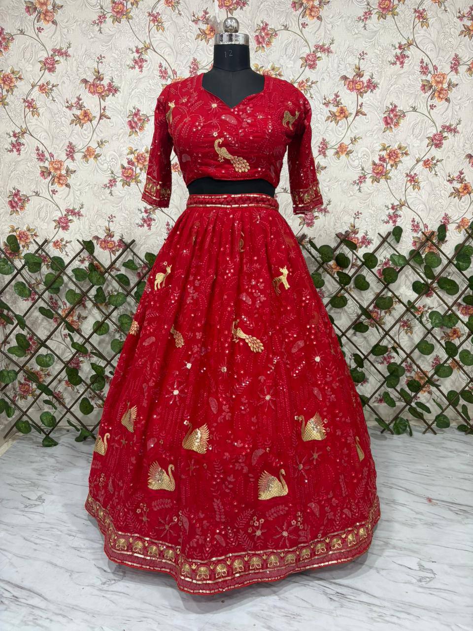 Premium Faux Georgette Lehenga Set – Peacock Design Embroidery, Jari & Sequins Work