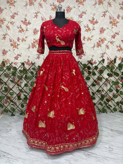 Premium Faux Georgette Lehenga Set – Peacock Design Embroidery, Jari & Sequins Work