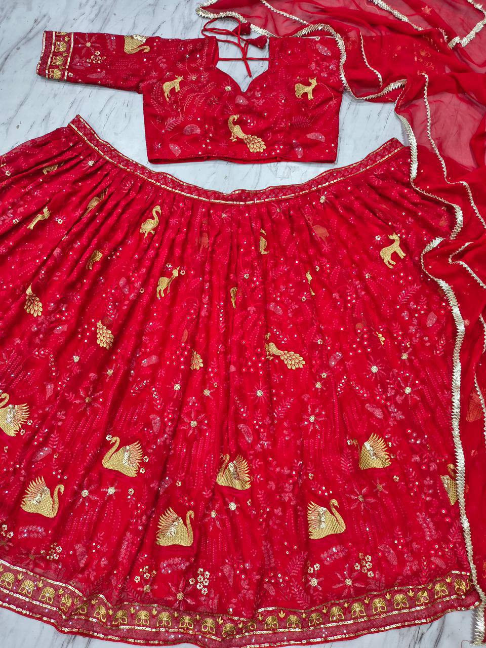 Premium Faux Georgette Lehenga Set – Peacock Design Embroidery, Jari & Sequins Work