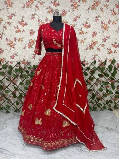 Premium Faux Georgette Lehenga Set – Peacock Design Embroidery, Jari & Sequins Work