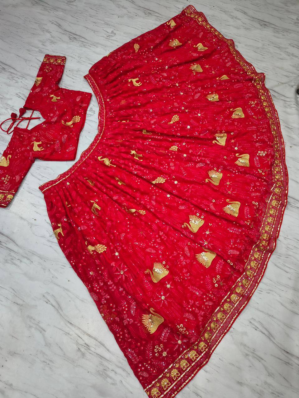 Premium Faux Georgette Lehenga Set – Peacock Design Embroidery, Jari & Sequins Work