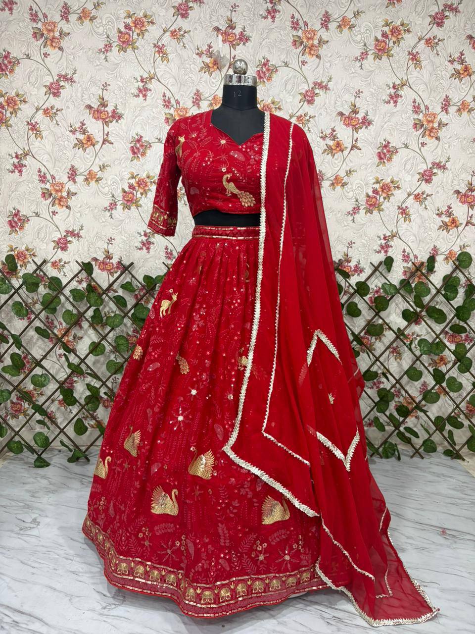 Premium Faux Georgette Lehenga Set – Peacock Design Embroidery, Jari & Sequins Work