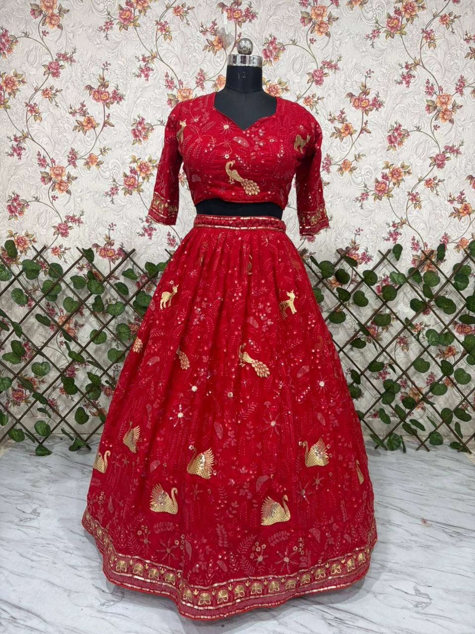 Premium Faux Georgette Lehenga Set – Peacock Design Embroidery, Jari & Sequins Work