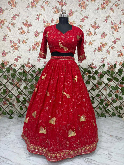 Premium Faux Georgette Lehenga Set – Peacock Design Embroidery, Jari & Sequins Work