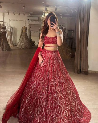 Premium Net Lehenga Set – Thread Embroidery, Coding & Sequins Work with Dupatta