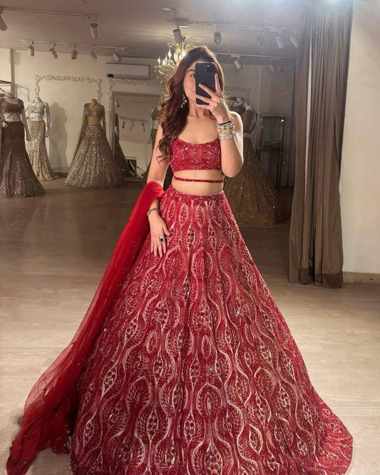 Premium Net Lehenga Set – Thread Embroidery, Coding & Sequins Work with Dupatta