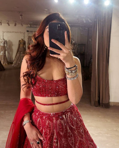 Premium Net Lehenga Set – Thread Embroidery, Coding & Sequins Work with Dupatta