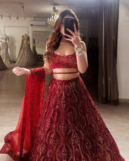 Premium Net Lehenga Set – Thread Embroidery, Coding & Sequins Work with Dupatta