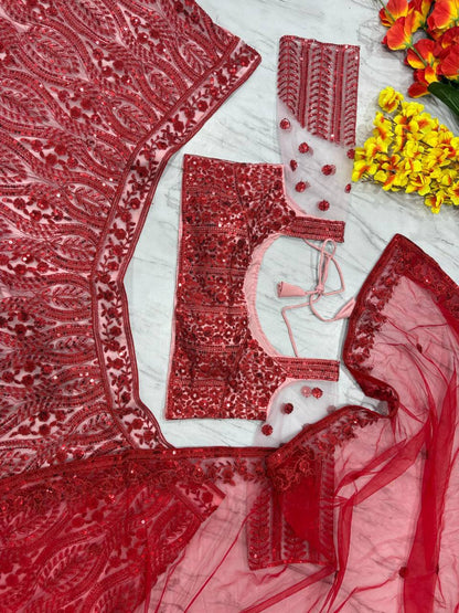 Premium Net Lehenga Set – Thread Embroidery, Coding & Sequins Work with Dupatta