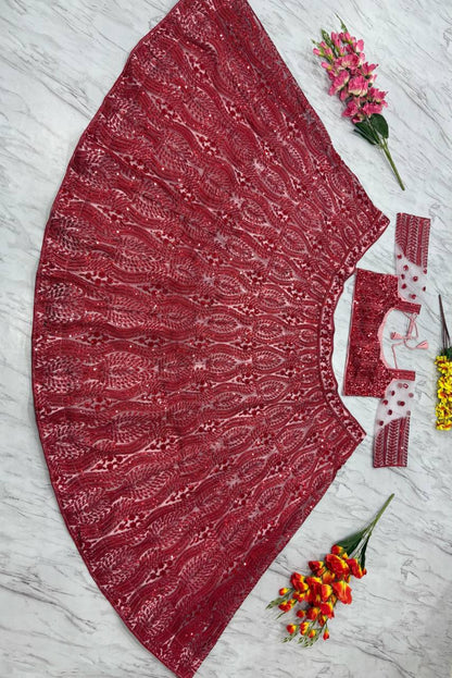 Premium Net Lehenga Set – Thread Embroidery, Coding & Sequins Work with Dupatta