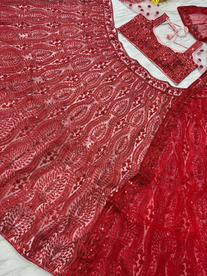 Premium Net Lehenga Set – Thread Embroidery, Coding & Sequins Work with Dupatta