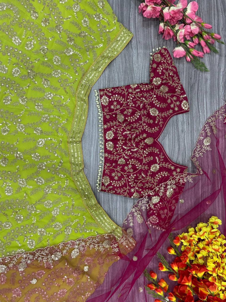 Premium Georgette & Mono Diamond Silk Lehenga Set – Shimmer Dori & Sequins Work