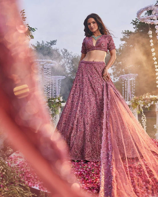 Premium Chinon Silk Lehenga Set – Thread Embroidery, Glitter Dori, Jari & Sequins Work