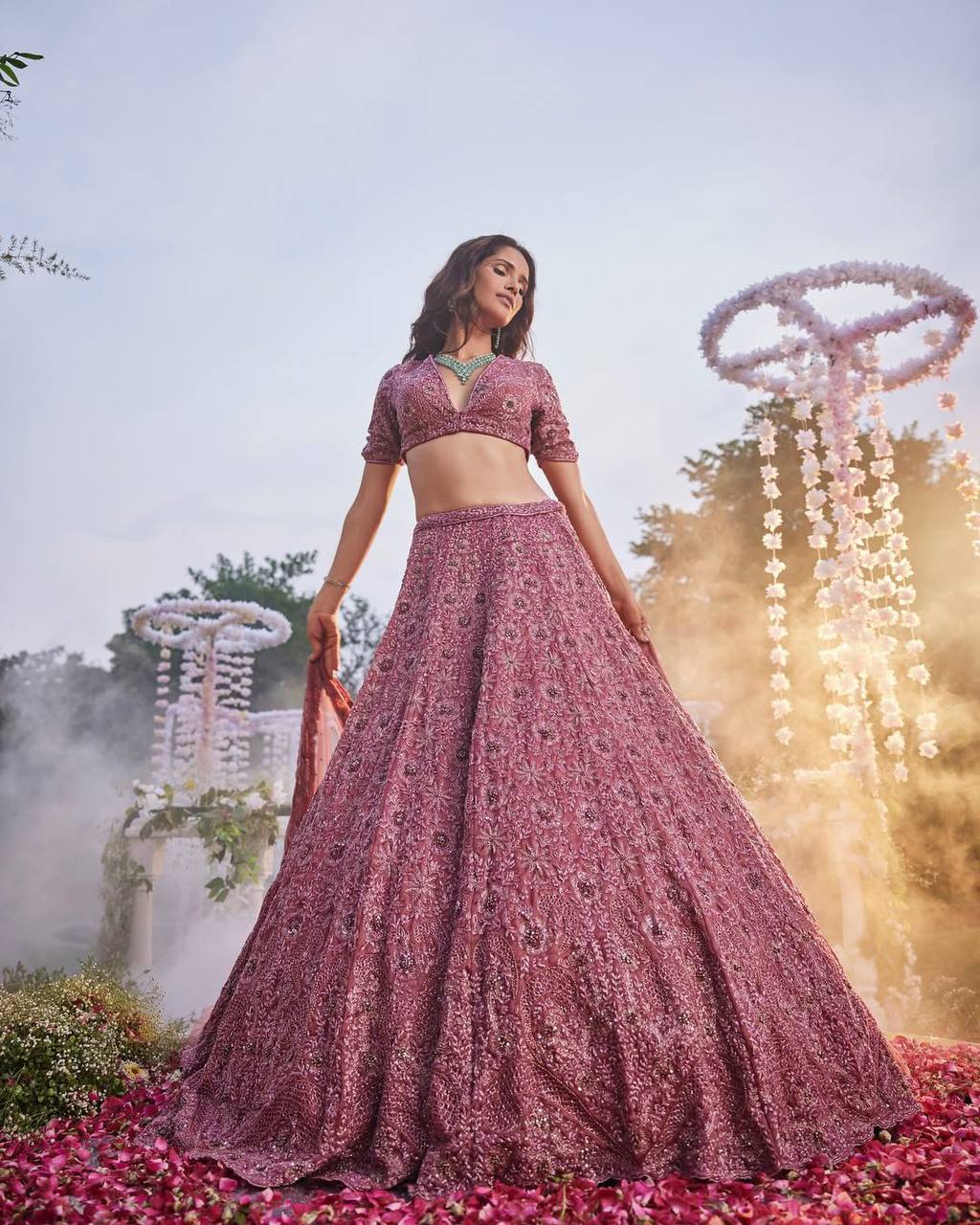 Premium Chinon Silk Lehenga Set – Thread Embroidery, Glitter Dori, Jari & Sequins Work