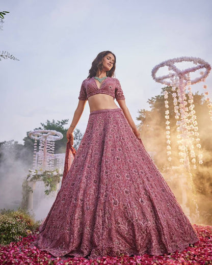 Premium Chinon Silk Lehenga Set – Thread Embroidery, Glitter Dori, Jari & Sequins Work