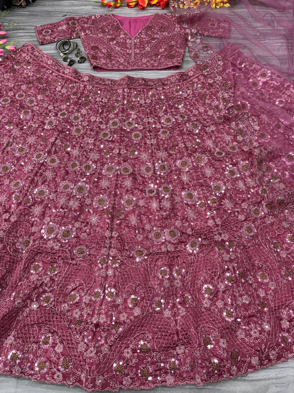 Premium Chinon Silk Lehenga Set – Thread Embroidery, Glitter Dori, Jari & Sequins Work