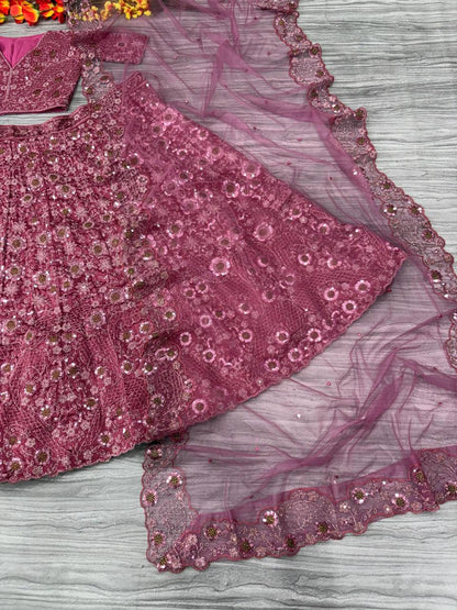 Premium Chinon Silk Lehenga Set – Thread Embroidery, Glitter Dori, Jari & Sequins Work