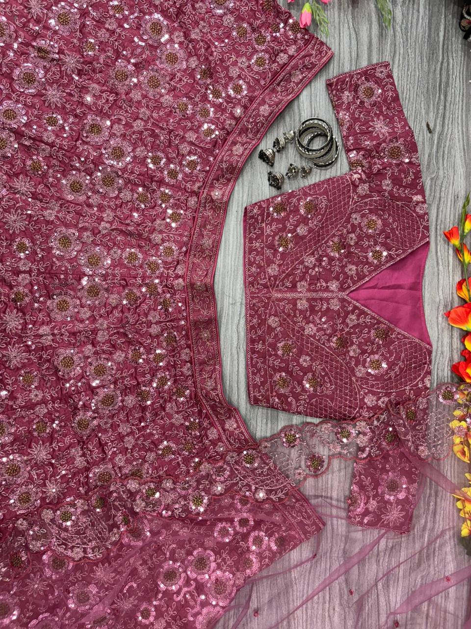 Premium Chinon Silk Lehenga Set – Thread Embroidery, Glitter Dori, Jari & Sequins Work