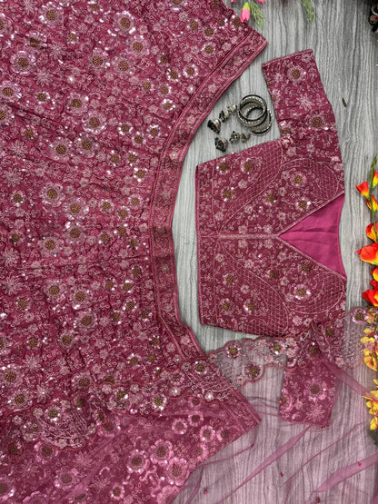 Premium Chinon Silk Lehenga Set – Thread Embroidery, Glitter Dori, Jari & Sequins Work