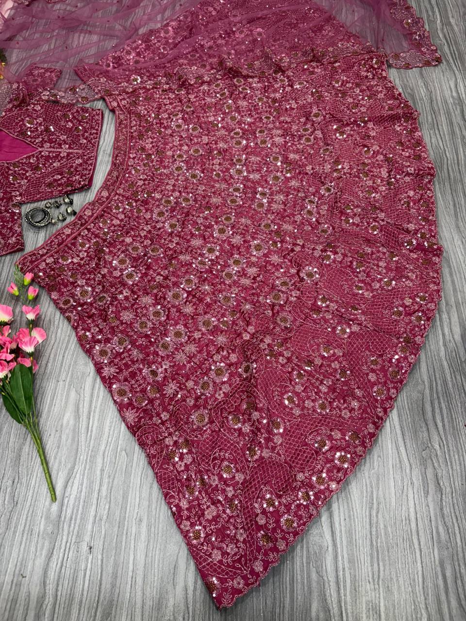 Premium Chinon Silk Lehenga Set – Thread Embroidery, Glitter Dori, Jari & Sequins Work