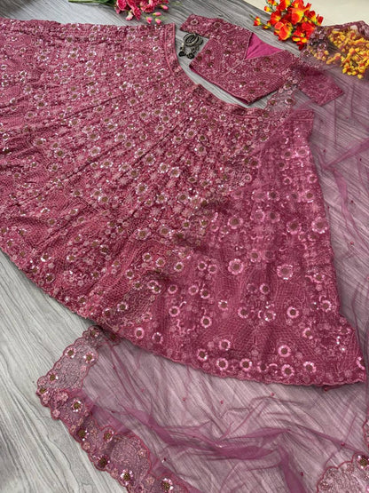 Premium Chinon Silk Lehenga Set – Thread Embroidery, Glitter Dori, Jari & Sequins Work