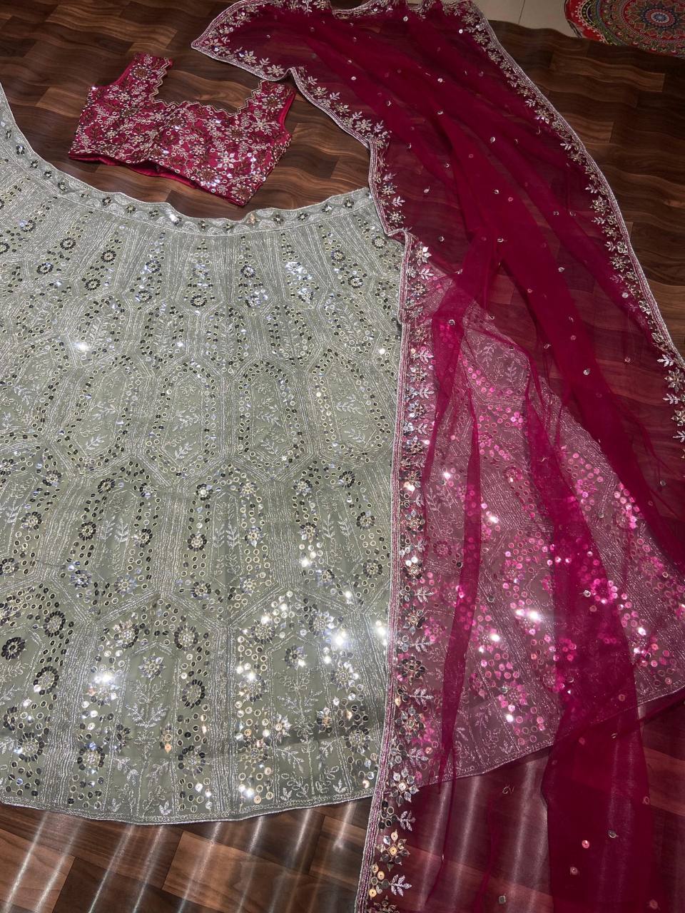 Premium Faux Georgette & Diamond Silk Lehenga Set