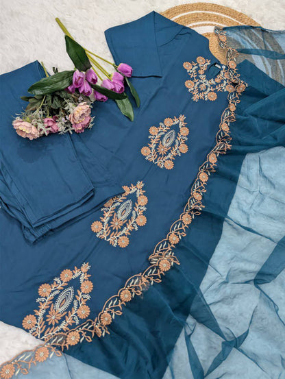 Pure Viscose Rayon Slub Kurta Set – Sequins Embroidery with Soft Organza Dupatta