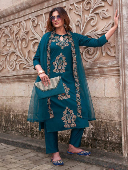 Pure Viscose Rayon Slub Kurta Set – Sequins Embroidery with Soft Organza Dupatta
