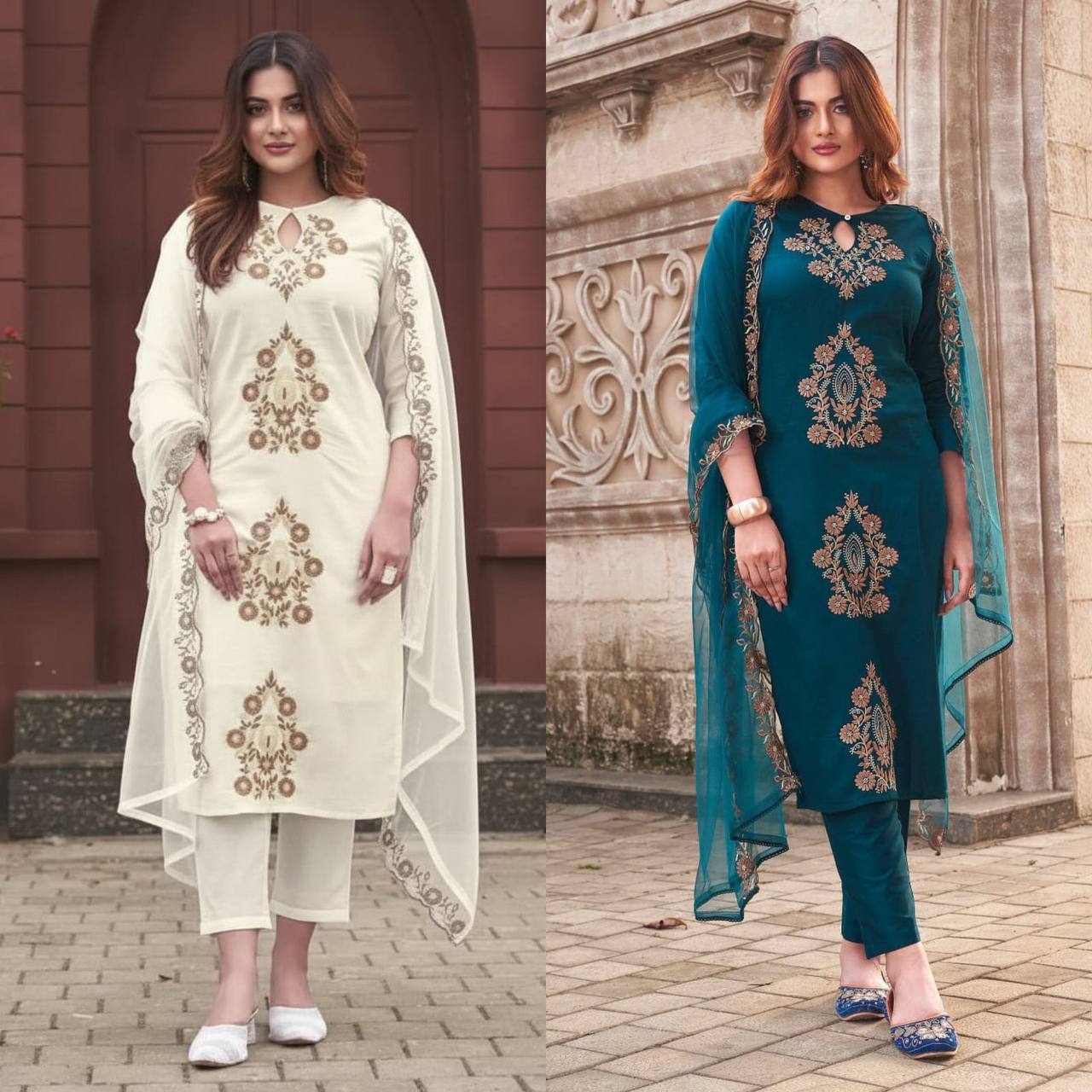 Pure Viscose Rayon Slub Kurta Set – Sequins Embroidery with Soft Organza Dupatta