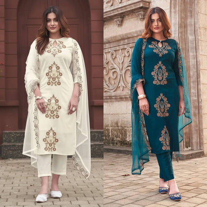 Pure Viscose Rayon Slub Kurta Set – Sequins Embroidery with Soft Organza Dupatta