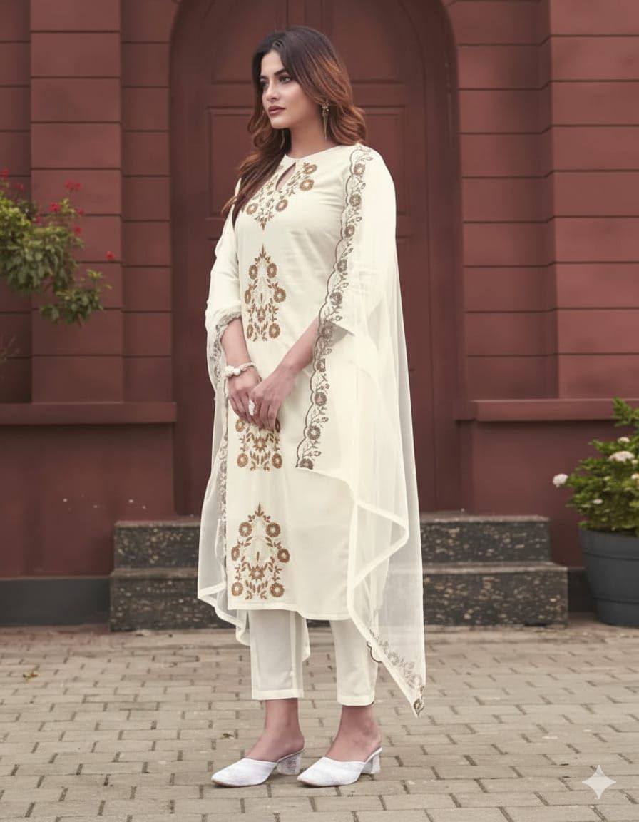Pure Viscose Rayon Slub Kurta Set – Sequins Embroidery with Soft Organza Dupatta