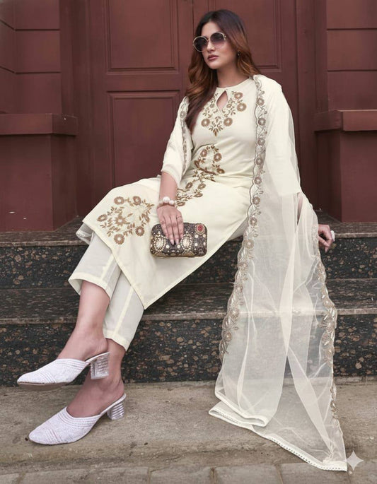 Pure Viscose Rayon Slub Kurta Set – Sequins Embroidery with Soft Organza Dupatta