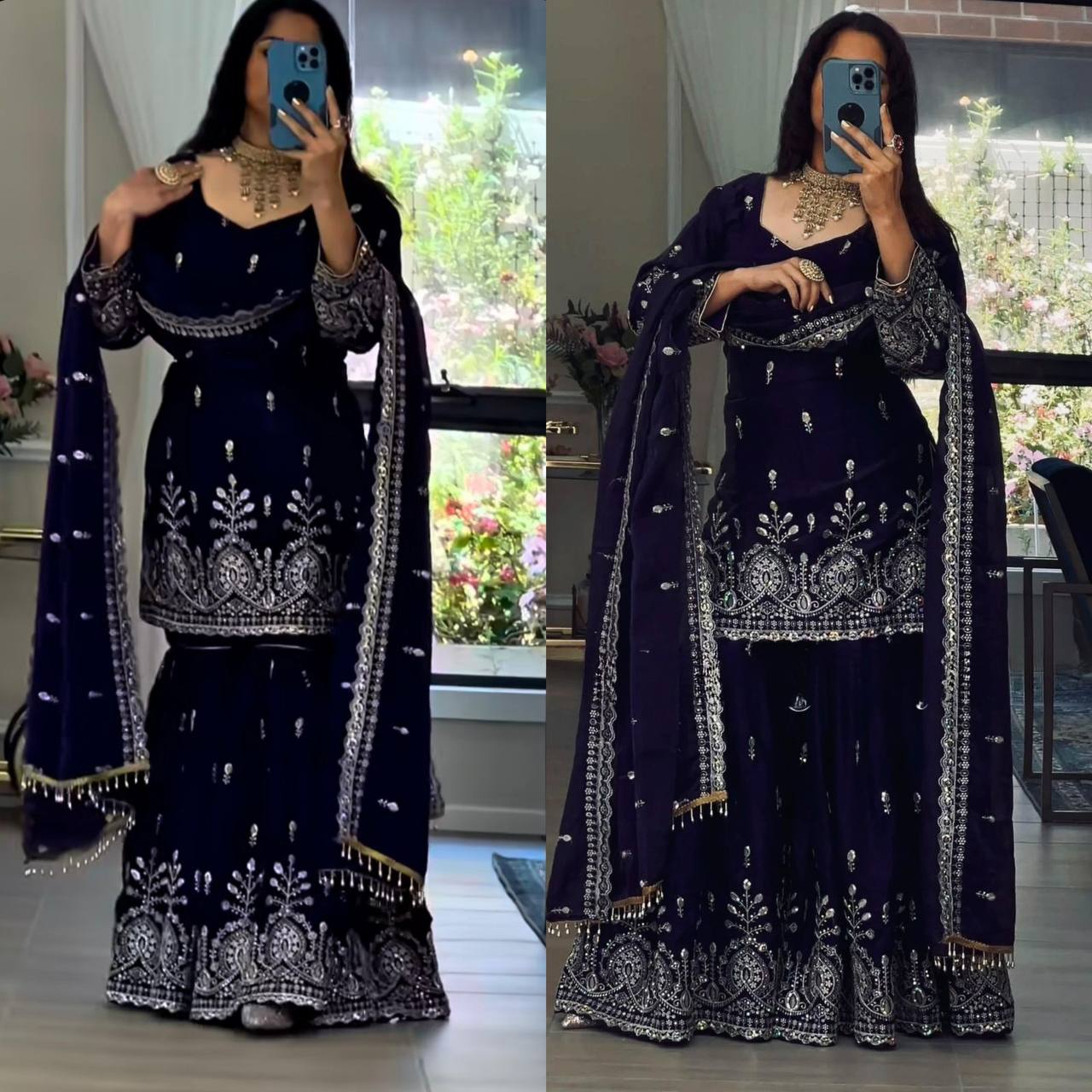 Fox Georgette Party Wear Set – Sequins Embroidery Top, Sharara Palazzo & Dupatta