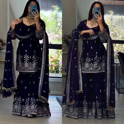 Fox Georgette Party Wear Set – Sequins Embroidery Top, Sharara Palazzo & Dupatta