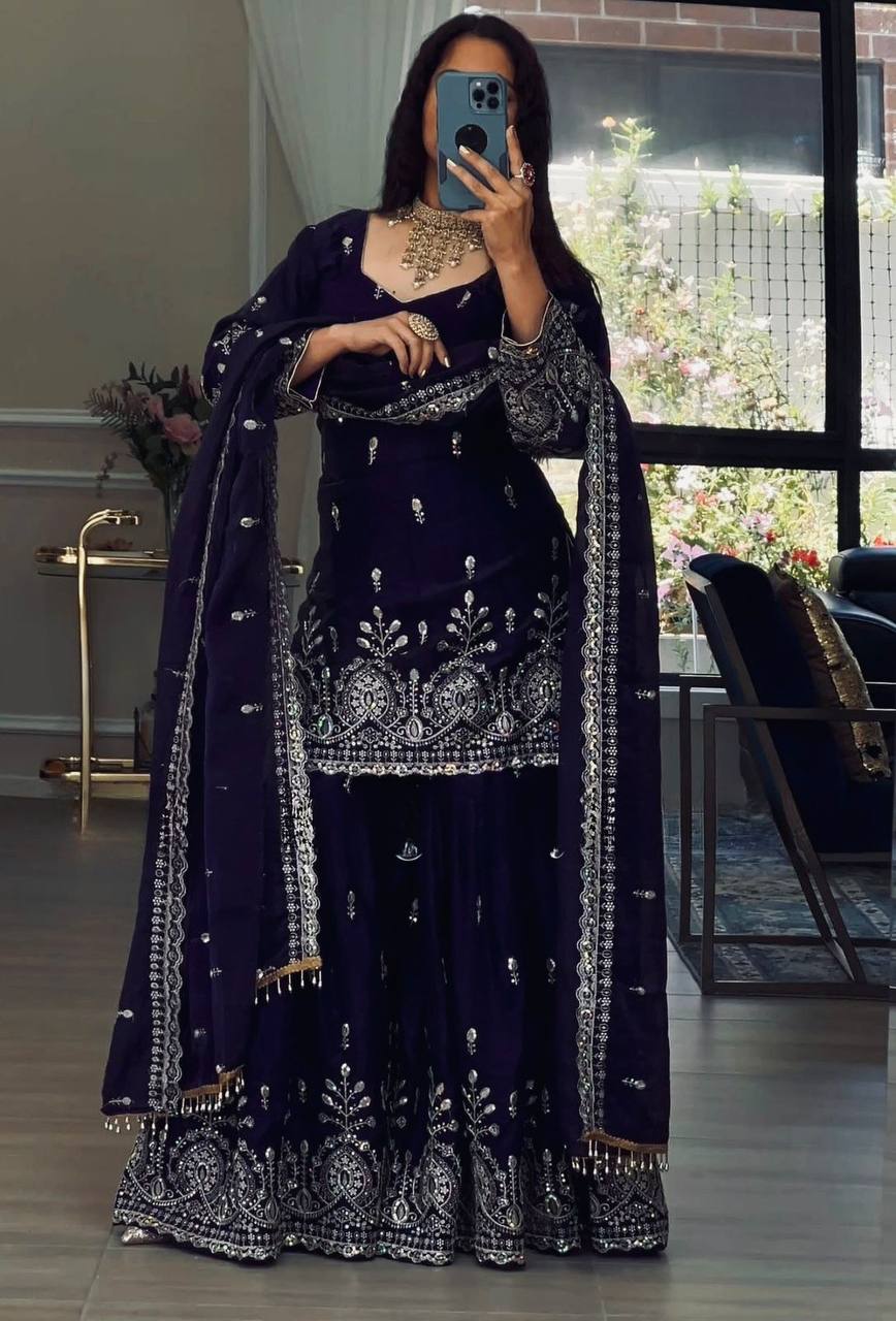 Fox Georgette Party Wear Set – Sequins Embroidery Top, Sharara Palazzo & Dupatta