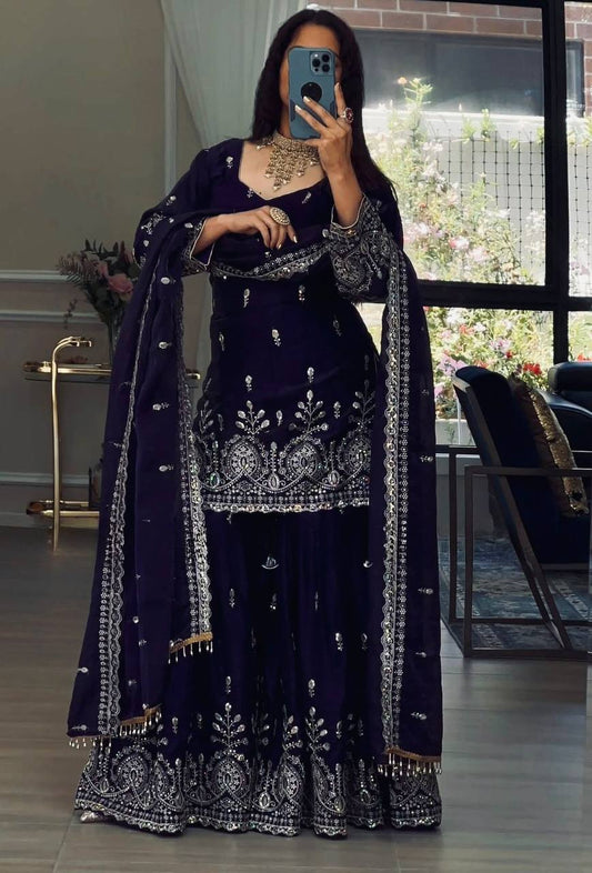 Fox Georgette Party Wear Set – Sequins Embroidery Top, Sharara Palazzo & Dupatta