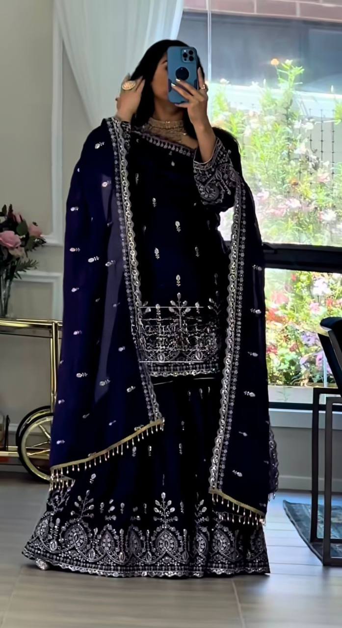 Fox Georgette Party Wear Set – Sequins Embroidery Top, Sharara Palazzo & Dupatta