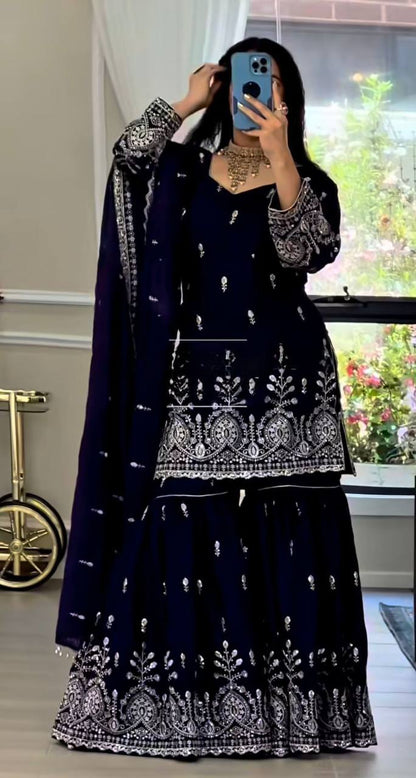 Fox Georgette Party Wear Set – Sequins Embroidery Top, Sharara Palazzo & Dupatta