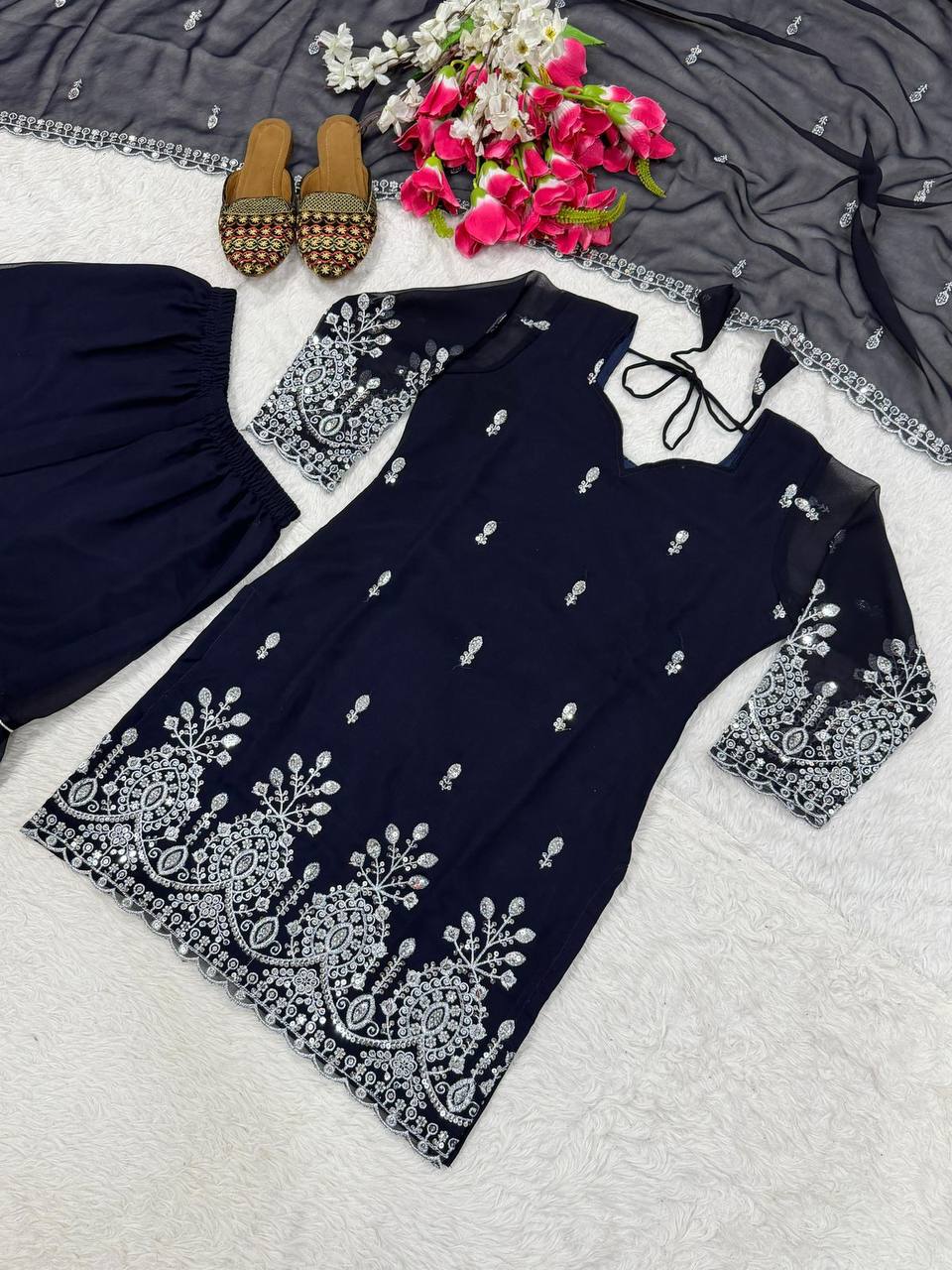 Fox Georgette Party Wear Set – Sequins Embroidery Top, Sharara Palazzo & Dupatta