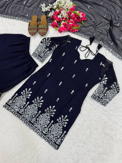 Fox Georgette Party Wear Set – Sequins Embroidery Top, Sharara Palazzo & Dupatta