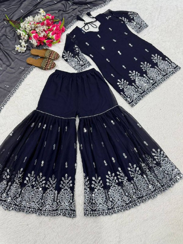 Fox Georgette Party Wear Set – Sequins Embroidery Top, Sharara Palazzo & Dupatta
