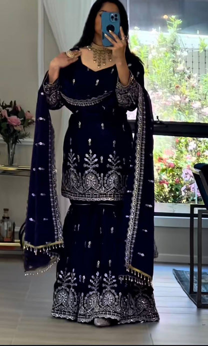 Fox Georgette Party Wear Set – Sequins Embroidery Top, Sharara Palazzo & Dupatta