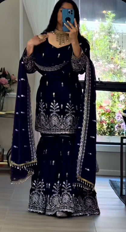 Fox Georgette Party Wear Set – Sequins Embroidery Top, Sharara Palazzo & Dupatta